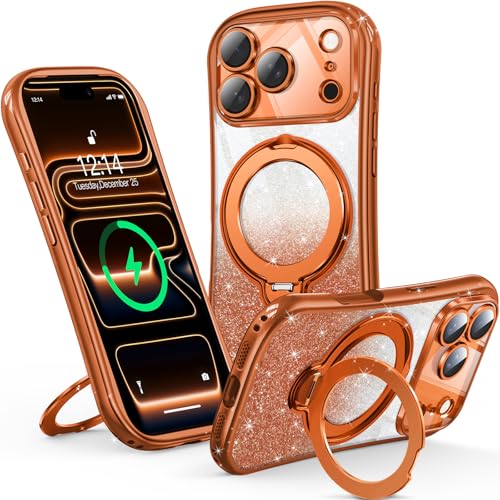 360° Spin Magnetic Stand for iPhone 17 Pro Case [DIY Glitter Cardstock] [Full Camera Protection] [Fit for MagSafe] Shockproof Plating Glitter Bling TPU Cover for Women Girls 6.3", Cosmic Orange - color: Cosmic Orange Glitter, size: iPhone 17 Pro
