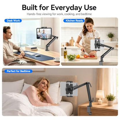 iPad Desk Mount Holder, Sturdy Aluminum Arm with C-Clamp for Desk & Bedside - size: Large