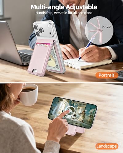 For Magsafe Wallet with Money Clip, 5 Card Holder, Adjustable Stand | Strongest Magnetic Wallet for iPhone 17/16/15/14/13/12 Series, ID Window, RFID Blocking, Not for 13/12 Mini, Pearl Pink - color: Pearl Pink