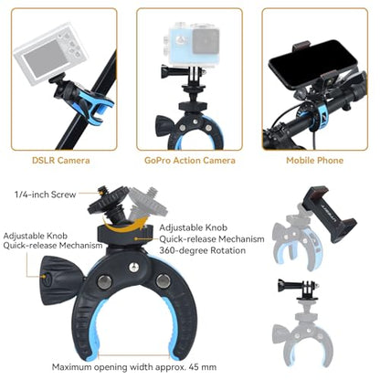 UTEBIT Camera Clamp Mount, Large Clamp Opening Aluminum Alloy Clip Mount - color: Black + Blue
