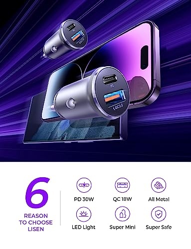LISEN 48W USB C Car Charger Adapter [2 Pack] [Mini & Metal] Cigarette Lighter USB Charger Fast Charging [PD QC 3.0] USBC Car Phone Charger for iPhone 17 Pro Max Plus 16 Galaxy iPad Silver Kits
