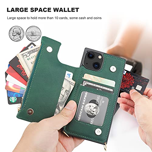 Bocasal Crossbody Wallet Case with Strap for iPhone 13/14, Green | RFID Blocking Card Slot Holder, Magnetic Flip Folio Purse Case, PU Leather Zipper Handbag Detachable Lanyard Strap 6.1 Inch - color: Green