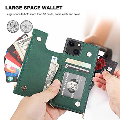 Bocasal Crossbody Wallet Case with Strap for iPhone 13/14, Green | RFID Blocking Card Slot Holder, Magnetic Flip Folio Purse Case, PU Leather Zipper Handbag Detachable Lanyard Strap 6.1 Inch - color: Green