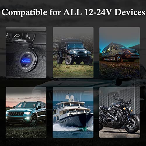 Dual PD 45W USB C Charger Socket Fast Charge Dual PD USB C Port Waterproof with Switch LED Voltmeter and Wire Fuse DIY Kit for 12V/24V Car Boat Marine ATV Bus Truck RV Motorcycle