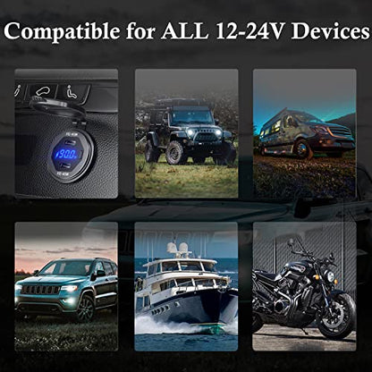 Dual PD 45W USB C Charger Socket Fast Charge Dual PD USB C Port Waterproof with Switch LED Voltmeter and Wire Fuse DIY Kit for 12V/24V Car Boat Marine ATV Bus Truck RV Motorcycle