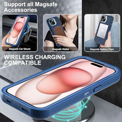 YKHJKLEC for iPhone 15 Case, Military Grade 3 in 1 Heavy Duty Shockproof/Drop Proof/Dust Proof with Kickstand Case, with 2 x Tempered Glass Screen Protector (ZJ-Navy Blue) - color: ZJ-Navy Blue