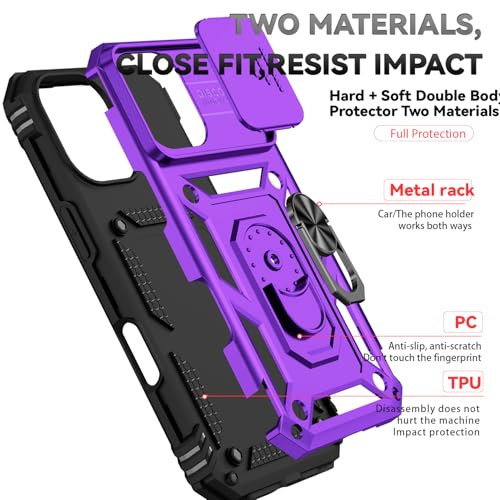 for iPhone 17 Case, with Slide Camera Cover HD Screen Protector [Military Grade 16ft. Drop Tested] Ring Holder Kickstand Protective Phone Case for Apple iPhone 17, Purple - color: Purple w/ Slide Camera 2nd gen. Military Grade