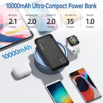 YOBON Power Bank 10000mAh Portable Charger Slim Battery Pack with 2 USB 2.4A Outputs and USB C in/Out Compatible with Huawei iPhone 16 15 14 13 12 iPad Samsung Galaxy S20 Android Tablet - color: Dark Black