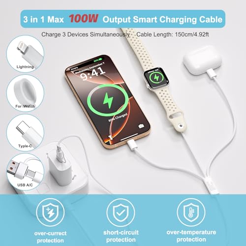 Travel Essentials for Apple Watch Charger,100W 3 in 1 Charger Cable with USB C, Lightning, iWatch Charger for iPhone, MacBook, iPad, Samsung, Google Pixel, iWatch Ultra 1-10 [Apple MFI Certified]