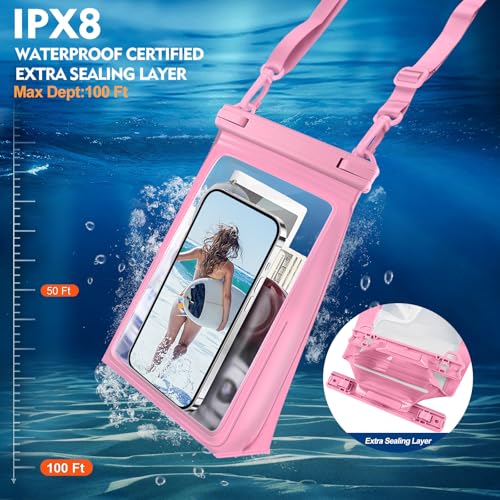 PEDVSTY Large Waterproof Phone Pouch with Sealing Strip, Floating Dry Bag | Adjustable Lanyard, Waterpark Kayak Pool Beach Essentials, Fit iPhone 17 16 Pro Max Galaxy S26 S25 Ultra All Phones, Hot Pink - color: Hot Pink, size: Large (Up to 8.5")