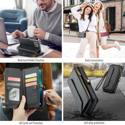 Strapurs Wallet Case Compatible with iPhone 13 Pro RFID Blocking 7-Card Holder Soft PU Leather Magnetic Snap Shoulder Strap Zipper Pocket Phone Case Fit for iPhone 13 Pro 6.1" - Black | RFID Blocking 7-Card Holder, Shoulder Lanyard, Wirst Strap, Zipper Po
