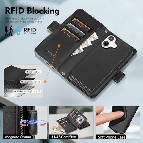Antsturdy Compatible with MagSafe iPhone 17 Wallet Case,Black | Detachable Magnetic Credit Card Holder,RFID Blocking,PU Leather Zipper Purse,Wrist Strap Kickstand,Flip Phone Cover for Women - color: (Detachable with Magsafe)-Black