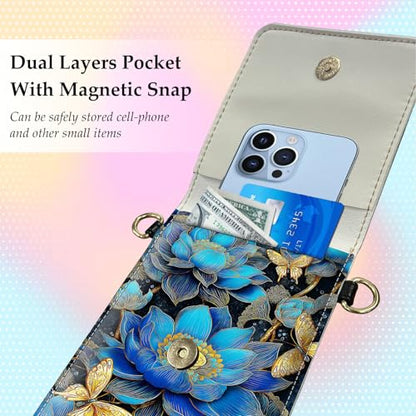 Small Crossbody Bags for Women Touchscreen Cell Phone Bag Cross Body Purses with adjustable Strap,Gifts For Teenage Girls - color: Blue Lotus Flower