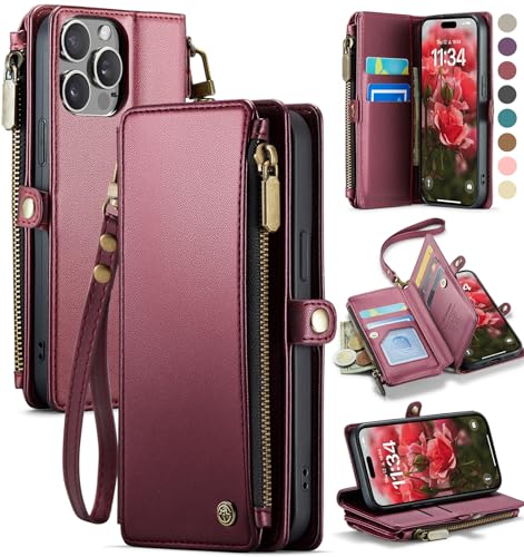 Defencase for iPhone 13 Pro Wallet Case with RFID Card Holder, Wine Red | Durable Soft PU Leather, with Zipper Pocket, Wrist Strap, Fashion Snap Flip Phone Cases Cover with Stand for Women and Men - color: Wine Red