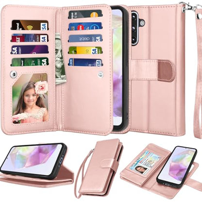 Njjex Galaxy A36 5G Case, For Samsung Galaxy A36 5G Wallet Case, [9 Card Slots] PU Leather ID Credit Holder Folio Flip [Detachable] Kickstand Magnetic Phone Cover & Lanyard for Samsung A36 [Rose Gold] - color: Rose Gold