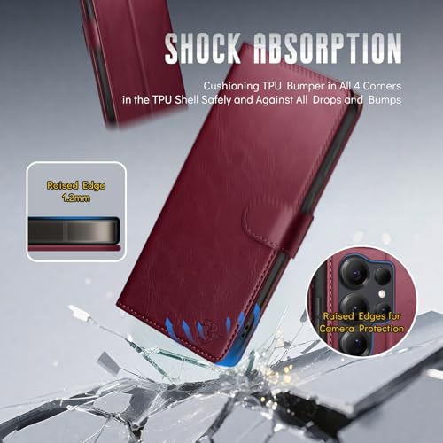 Wallet Case for Samsung Galaxy S25 Ultra, Wine Red | RFID-Blocking Card Holder, Kickstand, Magnetic Closure, PU Leather Folio Flip Cover, Protective Women Men Cases - color: Wine Red, size: Samsung Galaxy S25 Ultra