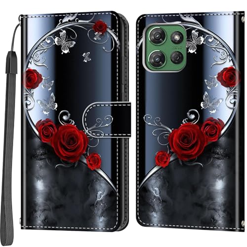 Case Wallet for Motorola Moto G Power 2025/2026, Rose Butterfly | Kickstand, 3 Card Holder, Shockproof TPU Interior Shell, PU Leather, Magnetic Flip Cover, Lanyard Strap - color: Pic:01
