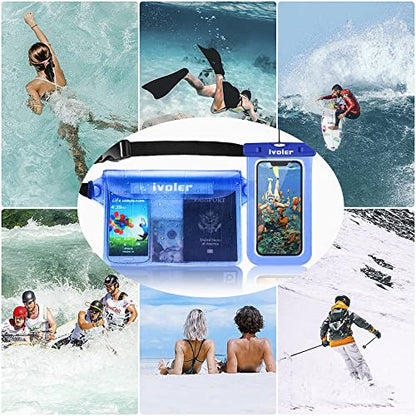 ivoler 2-Pack Waterproof Fanny Pack & Phone Pouch, Dry Bag for Passport, Phone & Wallet, Floating Waterproof Phone Case for Beach, Swimming, Kayaking, Boating, Cruise Essentials & Travel - color: Translucent Blue & Royal Blue