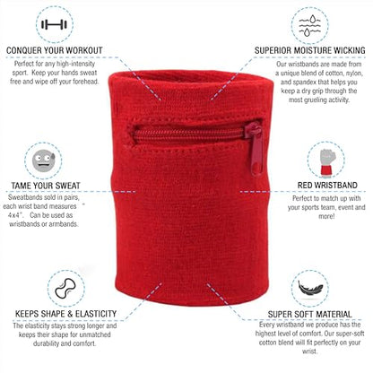 Suddora Zipper Wrist Pouch - Sweatband/Wristband Wallet for Keys, ID, Cards, Cash - color: Red