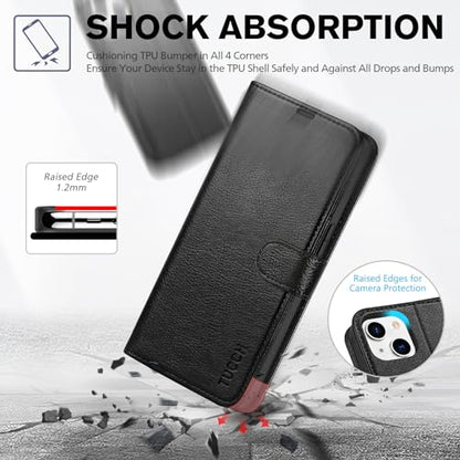 TUCCH Wallet Case for iPhone 14 (6.1") 2022, Flip Stand, Textured Black | RFID Blocking, 4 Card Holders, Kickstand, PU Leather, Shockproof TPU Shell, Magnetic Closure, Protective Folio Cover - color: Black - Textured