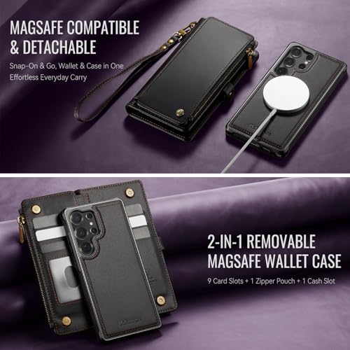 Defencase for Galaxy S23 Ultra Case Wallet Compatible with Magsafe, Black | Magnetic Detachable, RFID Bolcking Card Holder, Zipper Strap, PU Leather Drop-Proof Phone Cover for Samsung Galaxy S23 Ultra - color: (Detachable with Magsafe)-Black