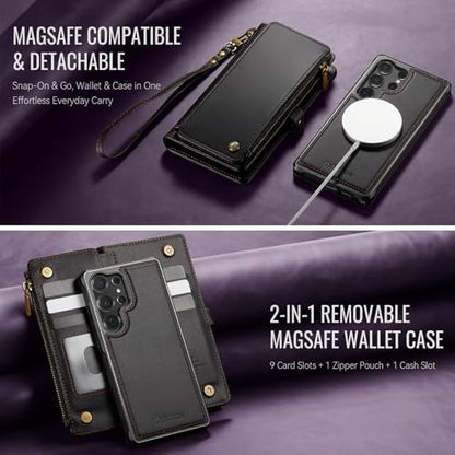Defencase for Galaxy S23 Ultra Case Wallet Compatible with Magsafe, Black | Magnetic Detachable, RFID Bolcking Card Holder, Zipper Strap, PU Leather Drop-Proof Phone Cover for Samsung Galaxy S23 Ultra - color: (Detachable with Magsafe)-Black