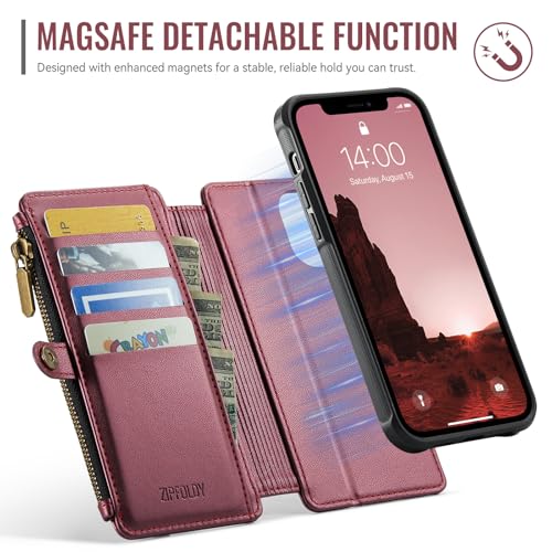 for iPhone 14 - Phone Case Wallet Magnetic Detachable, Burgundy - color: Burgundy, size: iPhone 14