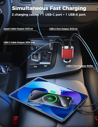 [Upgraded] SUPERONE Retractable Car Charger 4 in 1 Fast Car Phone Charger - color: Red
