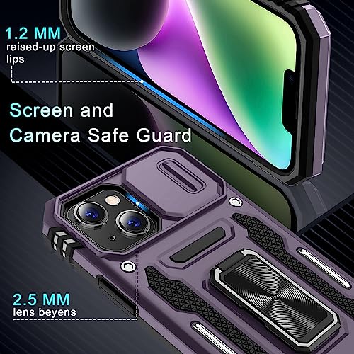 DEERLAMN Case for iPhone 13/iPhone 14 6.1-Inch with Slide Camera Cover+Screen Protector(2 Packs),Rotated Ring Kickstand Military Grade Shockproof Protective Cover-Deep Purple - color: Deep Purple