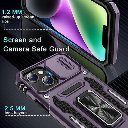 DEERLAMN Case for iPhone 13/iPhone 14 6.1-Inch with Slide Camera Cover+Screen Protector(2 Packs),Rotated Ring Kickstand Military Grade Shockproof Protective Cover-Deep Purple - color: Deep Purple
