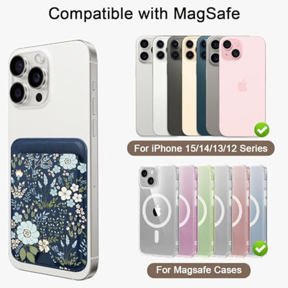 uCOLOR Upgraded Magnetic Cell Phone Wallet Card Holder-Compatible with MagSafe for iPhone 17/16/15/14/13/12 Series, Leather magsafe wallet for Back of Phone (Blue Daisy) - color: Blue Daisy