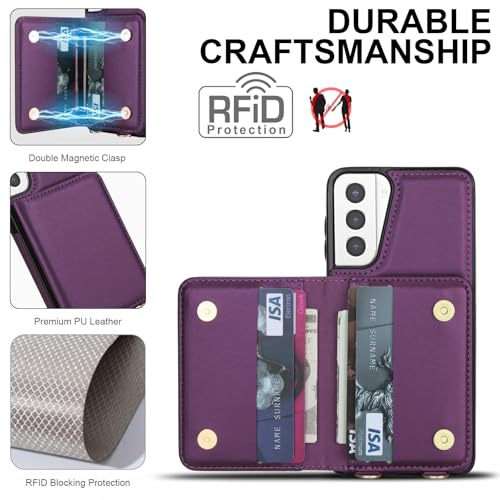 Phone Case for Samsung Galaxy S21 Plus S21+ 5G Wallet Cell Cover with Tempered Glass Screen Protector Wrist Crossbody Strap RFID Blocking Card Holder S21+5G S21plus 21S + S 21 21+ G5 Women Dark Purple - color: Dark Purple
