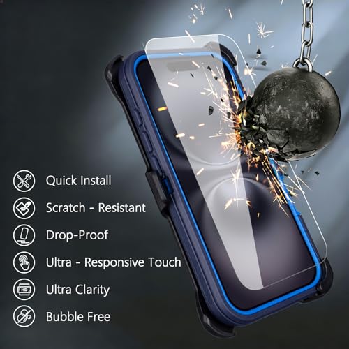 Defender for iPhone 16 Case with Belt Clip, Screen Protector Included | Military Grade Drop Protection, Rugged Shockproof Anti-Drop Full Body Protective Case for iPhone 16 6.1 Inch, Navy Blue - color: Navy+Blue