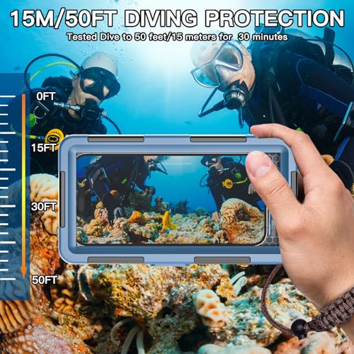 Underwater Diving Snorkeling Phone Case, Waterproof for iPhone/Samsung Blue | Universal Scuba Photo Video Housing, 15M/50ft Depth for 4.7–6.9" phones, one-touch Shooting, Blue - color: Blue