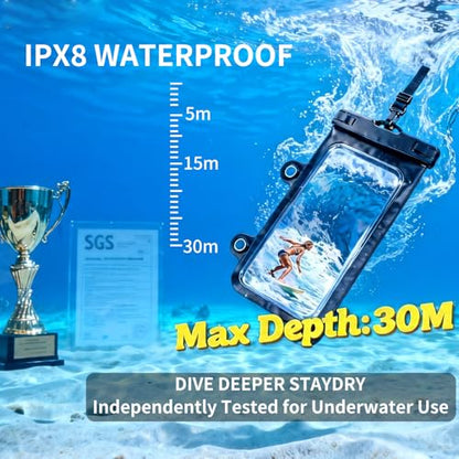 Larger Waterproof Phone Pouch iPhone &Shower Phone Holder Waterproof with 2 Suction Cups,Water Phone Protector Pouch with Adjustable Lanyard for iPhone 17 16 15 ProMax (Black, 1 PCS) - color: Black