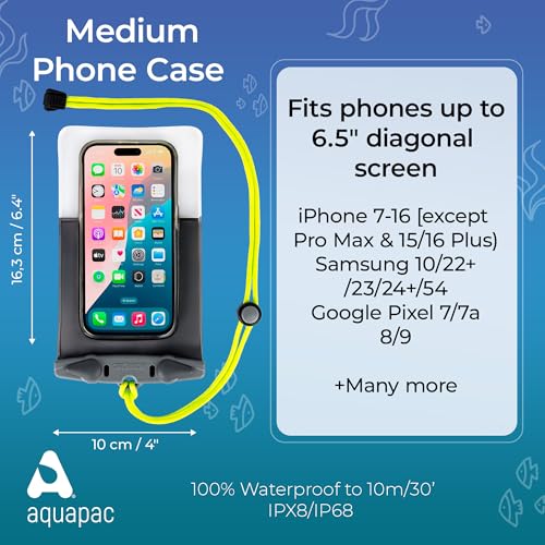 Aquapac Waterproof Phone Case, Medium, Blue | iPhone and Android, Made in The UK, Hiking, Mountain Biking, Running Accessory, Floating, IPX8 certified to 30 ft deep.