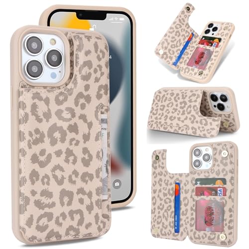 iCoverCase Compatible with iPhone 13 Pro Max Phone Case with Card Holder, Wallet Case for Women Men RFID Blocking PU Leather Protective Case 6.7 Inch (Beige Leopard) - color: Beige Leopard