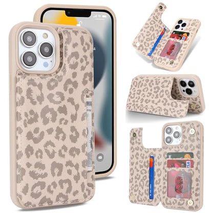 iCoverCase Compatible with iPhone 13 Pro Max Phone Case with Card Holder, Wallet Case for Women Men RFID Blocking PU Leather Protective Case 6.7 Inch (Beige Leopard) - color: Beige Leopard
