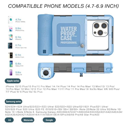 Underwater Snorkeling Diving Phone Case, Waterproof Phone Case for iPhone 16/15/14/13/12/11Pro Max/XR/XS for Samsung Galaxy S24/S23/S22/S21,Universal Scuba Underwater Photo Video Housing(Blue) - color: Blue