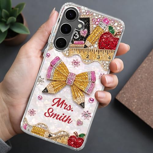 Mrs. Pencil Bow and Red Apple 3D Rhinestone - Personalized Clear Phone Case Teacher Appreciation Gift Tech Accessories