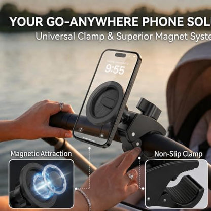 Heavy Duty Magnetic Phone Mount for Gym & Spin Bikes, N52 Clamp for Peloton/Treadmill/Stroller/Golf Cart, 360° Rotatable, Compatible with MagSafe iPhone 12-17 - color: black