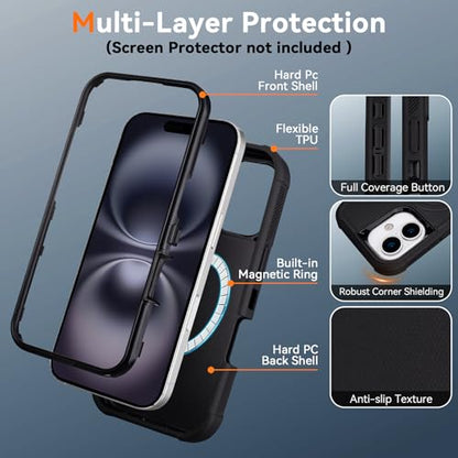 for iPhone 16 Case with Belt Clip Holster, Compatible with Magsafe, Black | Military Grade Drop Protection, 2 Layers of Sturdy, Heavy Duty Shockproof Cover for iPhone 16 Case Rugged - color: Black