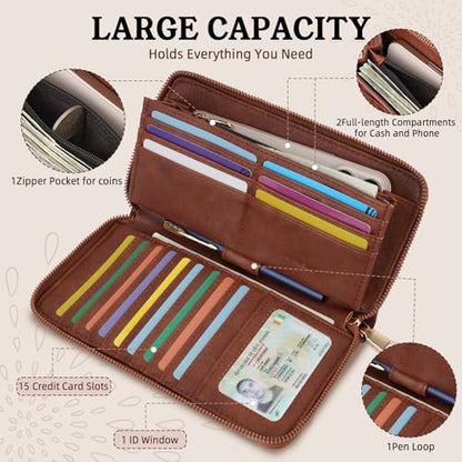 APHISON Wallet Women Large Capacity Clutch Purse For Ladies Card Holder RFID Wristlet Phone Zipper Coin Travel Pocket - color: 05-brown