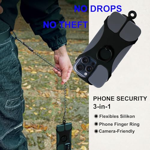 The Phone Tether-MobilePhone Protective Strap, Anti Theft Phone Strap for Men and Women,Locking Carabiner and Phone Ring Grip,Silicone Phone Holder Fits All Smartphones 4 to 7 Inches (Black)