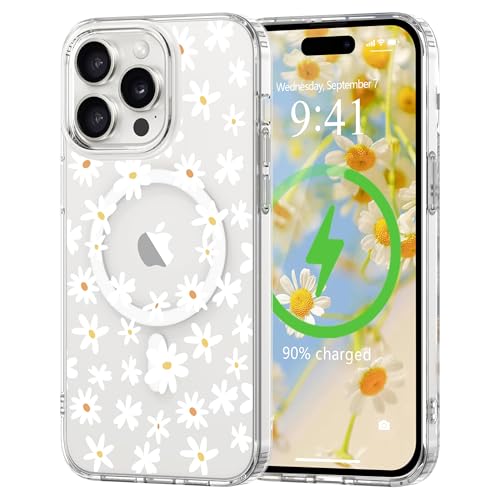 for iPhone 15 Pro Max Case Flower Clear Magnetic Floral,White | [Compatible with Magsafe], Cute Flower Girls Women Clear Case Silicone Shockproof Protective Cover with Pretty Floral Pattern - color: White, size: iPhone 15 Pro Max