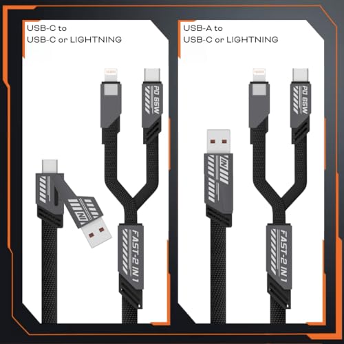 Ankus 4 in 1 Universal Charging Cable USB-C, 65W Fast Charge, 3.9ft (1.2m) with Hook-and-Loop Fastener, Compatible with iPhone, Samsung, and More - Gray