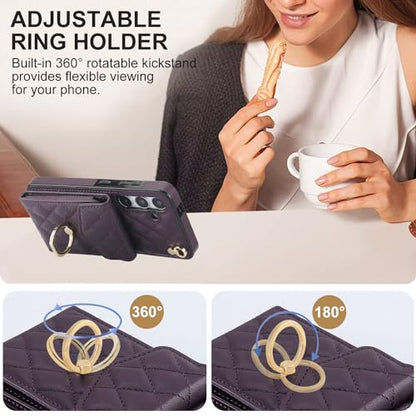 Phone Case for Samsung Galaxy S24 5G Wallet Cover with Tempered Glass Screen Protector Crossbody Wrist Strap Ring RFID Blocking Credit Card Holder Cell S 24 24S G5 SM-S921U Women Men Girls Dark Purple - color: Dark Purple