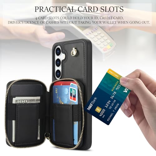 Asuwish Phone Case for Samsung Galaxy S25 5G Wallet Cell Cover with Tempered Glass Screen Protector Wrist Crossbody Strap RFID Blocking Credit Card Holder S 25 25S 25 25S SM-S931U Women Girls Black - color: Black