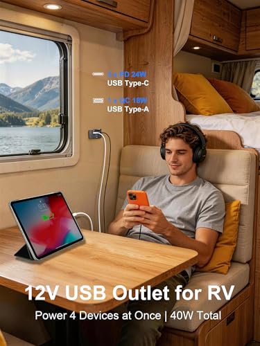 12V RV USB Outlet Wall Mount Panel: 40W 4 Ports USB Socket Car Charger