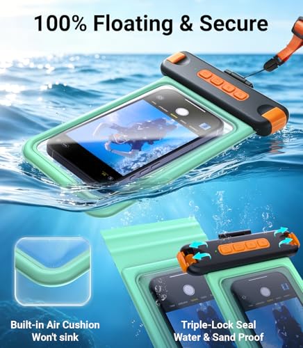 IP68 Bluetooth Shutter Waterproof Phone Pouch Case,Floating,Green | Hands-Free Photo & Video Underwater Control.Large Waterproof Phone Case Universal Fit for 8.5" Phone(iPhone Samsung Google) - color: Green